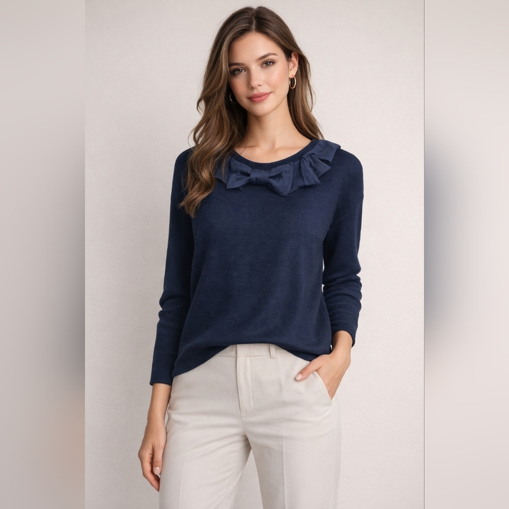 *NWT* Thomas Rabe, Navy Blue‎ Ribbed Shirt with Ruffle Detail